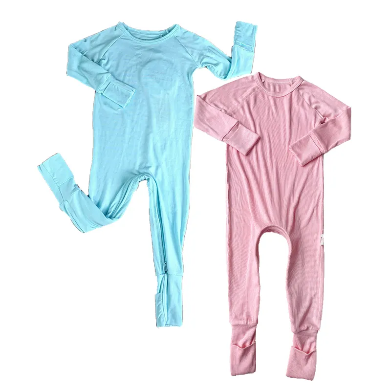 2024 hot selling custom baby bamboo rib onesie 2 way zipper sleepsuit jumpsuit convertible cuff bamboo clothes baby