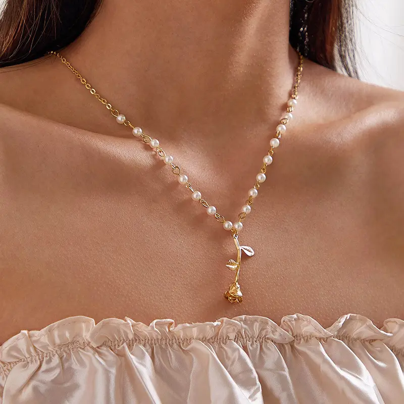 Neue Vintage Gold Perle Perlenkette Rose Blume Anhänger Halskette Kragen Kette Halskette für Frauen