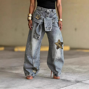 Jeans da Donna a Vita Alta e Gamba Larga in Denim Traspirante Stile Vintage con Patch a Stella Americana e Design a Scimitarra - Nuova Collezione Autunno 2026 - Product Image 1