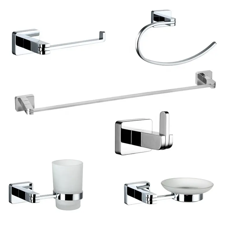 Zinc Alloy Chrome Wall Mounted Square Bathroom 6 Pieces Accessories Set für Home Decoration