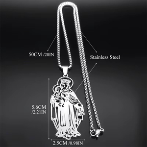 Collar con Colgante de la Virgen María y el Niño en Acero Inoxidable, Corte Láser, Cadena Tipo Caja, Joyería Religiosa Unisex - Product Image 6