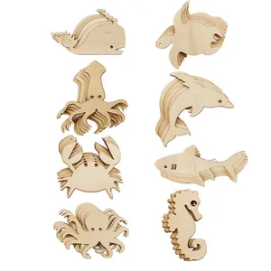 48 Pack Unfinished Wooden Ocean Sea Animal Life Cutouts Octopus Shark Whale Dolphin Turtle Crab Squid Seahorse for DIY Craft