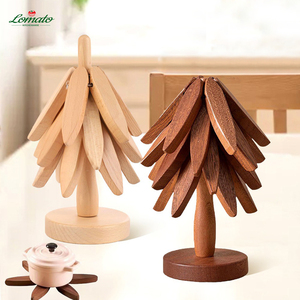 Forma de árbol 4 salvamanteles de madera Posavasos para bebidas resistentes al calor con soporte Portavasos de madera para almacenamiento en el hogar - Product Image 3