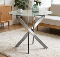 Table à manger moderne et élégante avec plateau en verre trempé rond et pieds croisés chromés pour la maison, le salon, la cuisine, l'hôtel