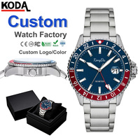 Reloj con Logotipo Personalizado para Hombre, Esfera Azul, Doble Zona Horaria, Bisel Giratorio, Acero Inoxidable, Resistente al Agua, Luminoso, Deportivo, con Ventana de Fecha