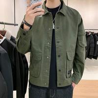 Jaket pakaian kerja pria Retro trendi merek, jaket musim gugur kancing depan musim semi kasual ODM kerah reversibel desain baru dengan gaya Amerika