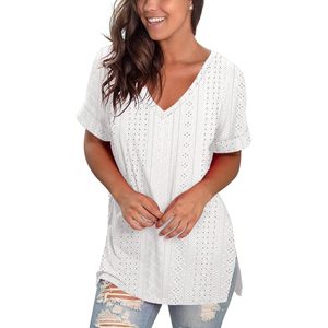 T-shirt femme col en V à œillets, manches courtes, fentes latérales, haut d'été respirant en coton tissé - Product Image 3