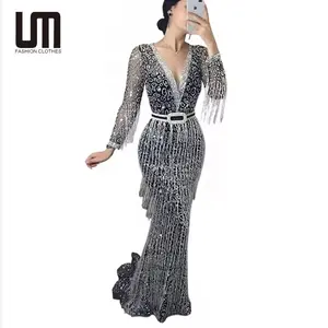Liu Ming moda 2024 trend kadınlar seksi V boyun akşam parti uzun kollu bayanlar püsküller günlük Maxi elbise