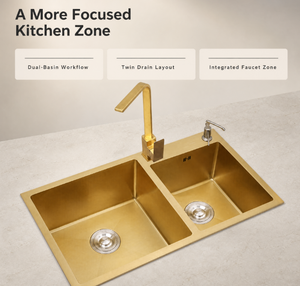 Lavello da <span class=keywords><strong>Cucina</strong></span> a Doppia Vasca in Acciaio Inossidabile Dorato con Rubinetto ad Arco Alto, <span class=keywords><strong>Doppio</strong></span> Scarico, Vasche Profonde, Bordo Largo Moderno, Fornitura B2B OEM ODM - Product Image 4