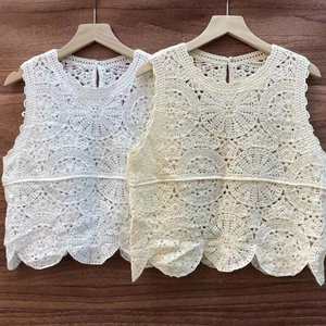 Summer New Style Beach Vacation Wave Edge Round Neck Sleeveless Vest for Women Short Hollow Out Vest - Product Image 1
