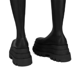 Bottes hautes pour femmes à double couche, bout carré, semelle épaisse, talons compensés sur plateforme haute, bottines longues - Product Image 5