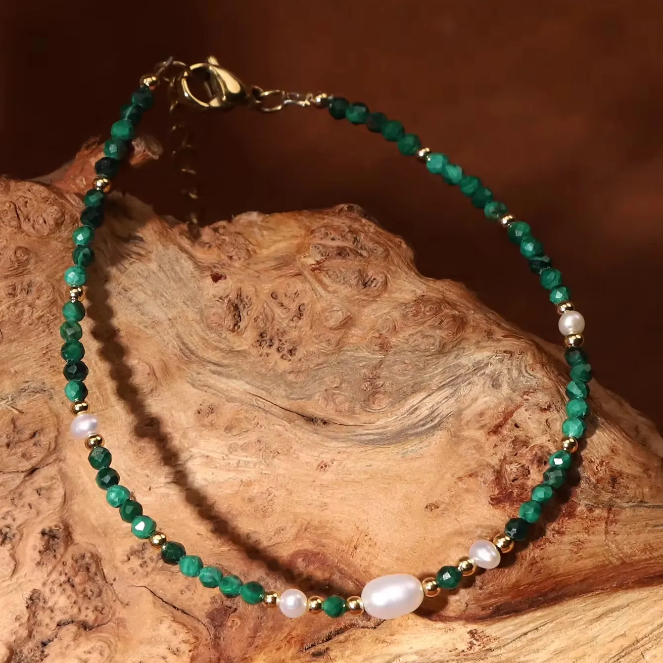 Braccialetto da donna semplice e personalizzabile 18K placcato oro perline sfaccettate braccialetto di perle d'acqua dolce Malachite