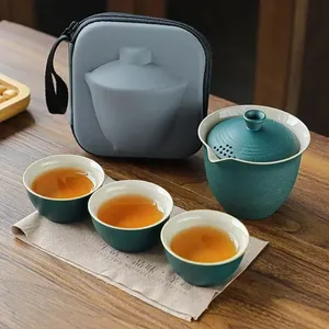 Portable Travel Tea Set with Three Ceramic Cups Outdoor Simple and Printable Logo Storage Bag for Presents - Product Image 4