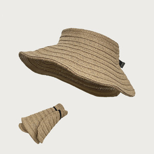 Visières <span class=keywords><strong>de</strong></span> soleil en paille tressée pour femmes, chapeaux <span class=keywords><strong>de</strong></span> <span class=keywords><strong>plage</strong></span> à large bord à motif géométrique avec nœud papillon, chapeaux d'été pliables UPF50+ - Product Image 3