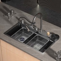 Évier de cuisine moderne fait main en acier inoxydable à cuve unique, à poser sur comptoir, à deux trous, pour usage hôtelier, noir, avec fonction cascade intelligente et compatible lave-vaisselle