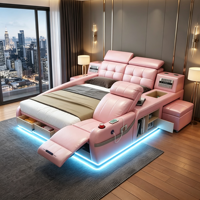 Lit double multifonction en cuir véritable avec massage, haut-parleurs et rangement pour chambre principale et home cinéma