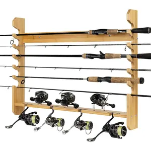 Lightweight Wooden 24 Holes Fishing Display Support Storage Stand Fishing Pole Racks Wall Mounted Bamboo Fishing Rod Holder