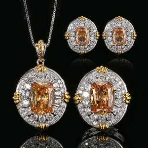 Fashion Eco-friendly Copper Champagne Diamond Jewelry <b>Set</b> 10*14-6*8mm Cubic Zirconia Necklace <b>Earring</b> Rings for Women Daily - Product Image 2