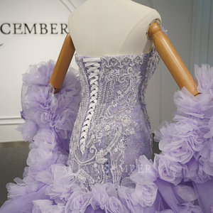GT26068 Robe de Quinceañera de luxe moderne, couleur lavande, à manches longues, coupe sirène, style robe de bal, avec décolleté cœur, traîne chapelle et dentelle perlée - Product Image 5