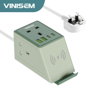 VINISEM 산업용 영국 그린/다크 그린/레드 파워 스트립 3 콘센트 USB-A 2 USB-C + 무선 충전 2M 연장 코드 소켓 (PC - Product Image 1