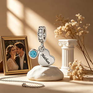 Bracelet Quotidien Personnalisé avec Breloque Cœur Gravée, Perle en Cuivre, Zircon Pierre de Naissance Ronde et Anneau, Cadeau d'Amour Familial - Product Image 3