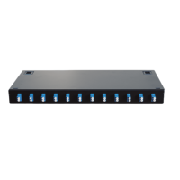 Panel Patch Fiber Optik FTTH Rak Mount 1U 24 Core ODM12 LC UPC Hitam Baja Rol Dingin untuk