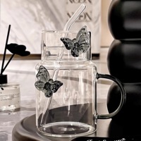 Gobelet en verre borosilicate personnalisé avec motif papillon, avec couvercle et paille, grande capacité, résistant à la chaleur, portable, pour café et lait