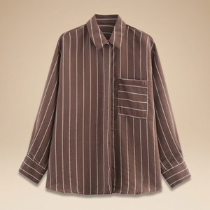 Chemise à manches longues rayée marron pour femme avec poche, coupe décontractée, en popeline, à manches longues, pour toutes les saisons - Product Image 4