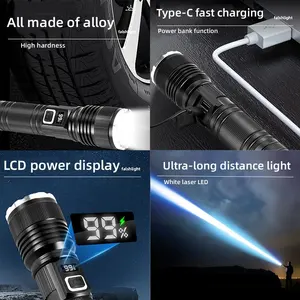 Super Bright Type-C USB Rechargeable Aluminum Flashlight Torch White Laser LED Waterproof Zoom LCD Power Display Flashlight