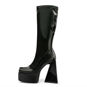 Short Big Square Toe Boots Shoes Snake Print Solid Upper Women's Knee High Platform Boots Chunky High <b>Heel</b> Shoes Side Zip 45 - Product Image 5