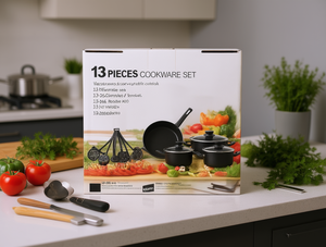 Set di pentole da 13 pezzi antiaderenti in metallo con coperchi in vetro per fornelli a gas e a induzione, design moderno, manici in acciaio inossidabile - Product Image 2