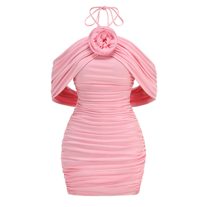 Nouvelle robe de soirée à col plissé sexy au design minimaliste, robe mini à fleurs décorative ajustée pour femmes - Product Image 4