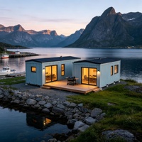 Maison préfabriquée en conteneur maritime de 2 unités, bleu clair, maison modulaire en conteneur avec terrasse en bois pour location de vacances en bord de lac ou en montagne