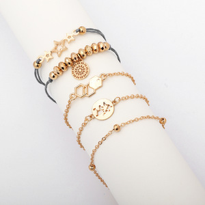 Juego de Pulseras con Dijes, Chapado en Oro Rosa, Estilo Bohemia, Regalo para Mujer, 5 Piezas, Estrella, Mapa del Mundo, Cuentas, Cordón Gris - Product Image 2