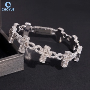 925 <b>Silver</b> Rhodium Plated Moissanite Cross <b>Cuff</b> 6MM <b>Bracelet</b> Luxury Unisex Jewelry VVS Moissanite Pave Baguette Cut - Product Image 2
