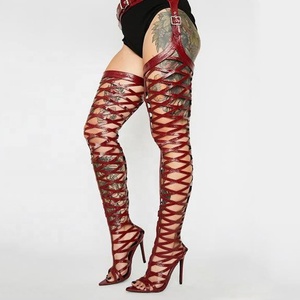 Bottes longues ajourées pour femme, talons hauts, au-dessus du genou, avec ceinture, bout pointu, sandales d'été - Product Image 2