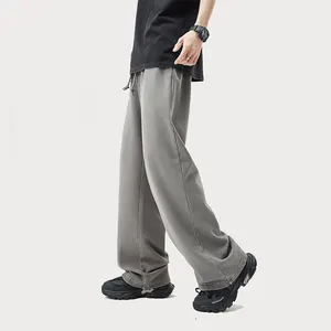पुरुषों के लिए 420 ग्राम हैवी कॉटन ड्रॉस्ट्रिंग कैजुअल वाइड लेग पैंट, मध्य कमर सीधे ढीले फिट वाले स्वेटपैंट
