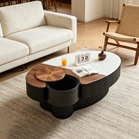 Table basse de rangement moderne avec compartiment dissimulé, plateau en pierre blanche, placage bois, meuble de salon de luxe