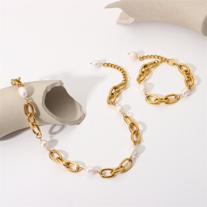 Chunky 12 mm <b>Pearl</b> Necklace Stainless Steel 18k Gold Plated Chain Bracelet Women Fashion Jewelry <b>Sets</b> - Product Image 4