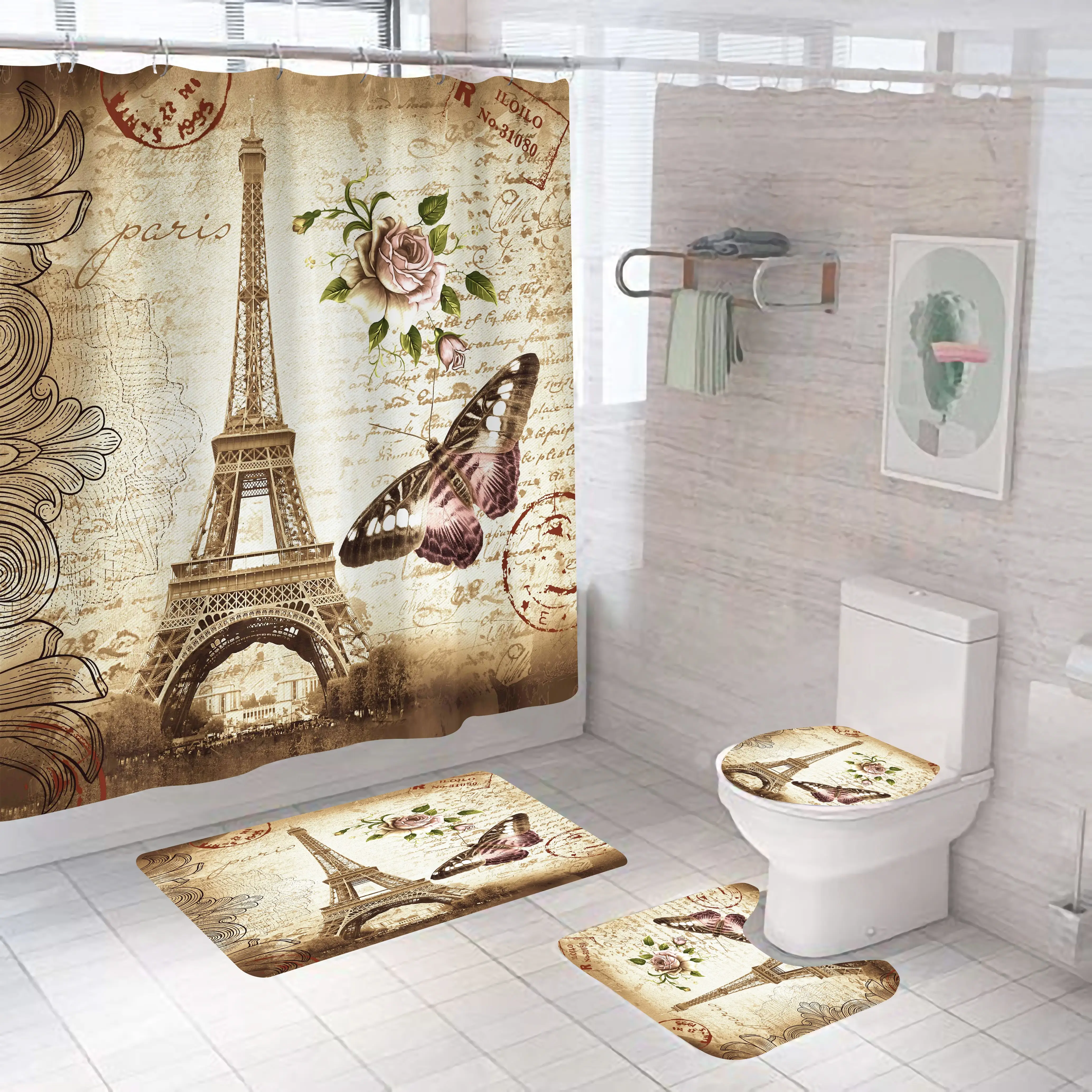 Landschaft Eiffelturm Paris Gedrucktes Badezimmer Dusch vorhang Set Wasserdichtes Anti-Rutsch-Sockel Teppich deckel Toiletten deckel Bade matte Set