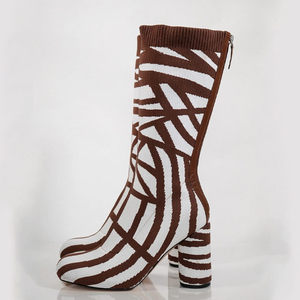 Women Zebra Pattern Knitting Half Knee High <b>Boots</b> High Chunky Round Heels Square Toe Mid Calf Short <b>Boots</b> Back Zipper Shoes - Product Image 4