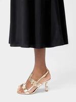 Sandales de luxe dorées à talons hauts pour femme, idéales pour les soirées estivales, avec strass étincelants, bout ouvert et boucle, parfaites pour les mariages.