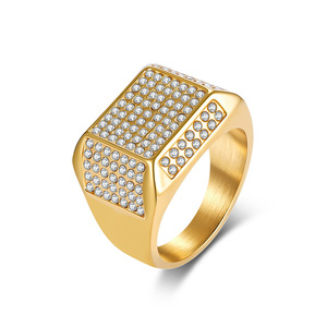 Instagram-worthy, trendy, hip-hop style <b>ring</b> with full diamond detailing, made of <b>titanium</b> steel plated with 18K gold. A bold an - Product Image 1