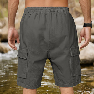 Shorts cargo en lin pour homme gris foncé, coupe ample, multi-poches, taille élastique, pour sports de plein air et décontracté, idéal pour l'été - Product Image 3