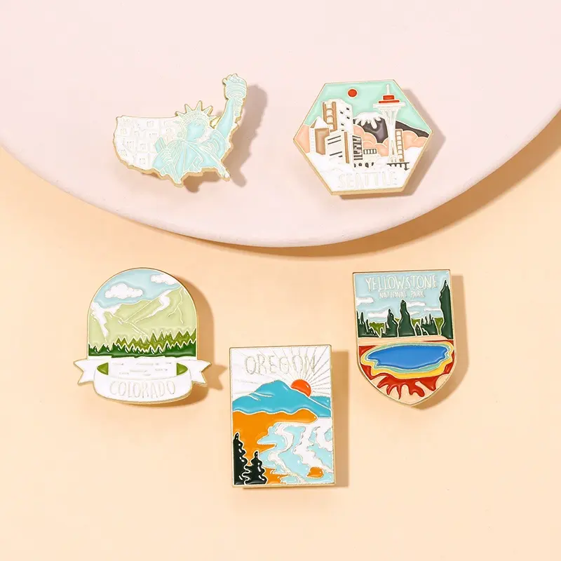 Iconic Buildings Enamel Pin Statue Of Liberty Mountains Rivers And Lakes Brooches Lapel Badges Natural Jewelry Gift For Traveler