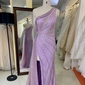 Robe de soirée musulmane de couleur mauve, élégante, entièrement ornée de perles, <span class=keywords><strong>jupe</strong></span> en tulle, longueur au sol, sans manches, avec paillettes - Product Image 1