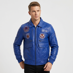 Chaqueta Bomber de Cuero Azul Auténtico para Hombre, con Parches de la Fuerza Aérea, Cuello Camisero, Bolsillos Cargo, Diseño Clásico Personalizado, Abrigo Cálido - Product Image 1