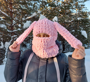 Masque de neige intégral S9485 rose, bonnet balaclava avec oreilles de lapin, bonnet en tricot épais en chenille pour femmes - Product Image 2