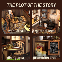Café de campagne, coin lecture, un puzzle en bois 3D et un kit de maison de poupée miniature avec des sièges extérieurs et des jardinières