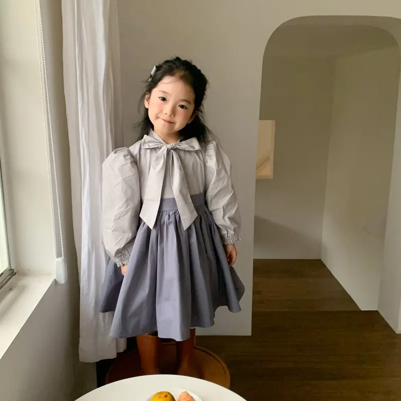 2-6year 2022 Korean Style Girls Patchwork Dress Fashion Long Sleeve Cotton Solid Spring Girls Dresses